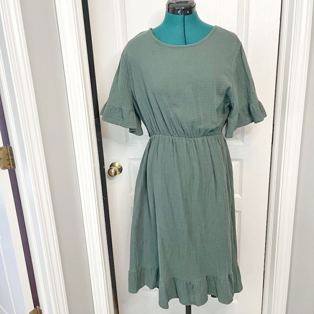 Shein Cotton Gauzy A Line Ruffle Sleeve Hem Round Neck Midi Dress